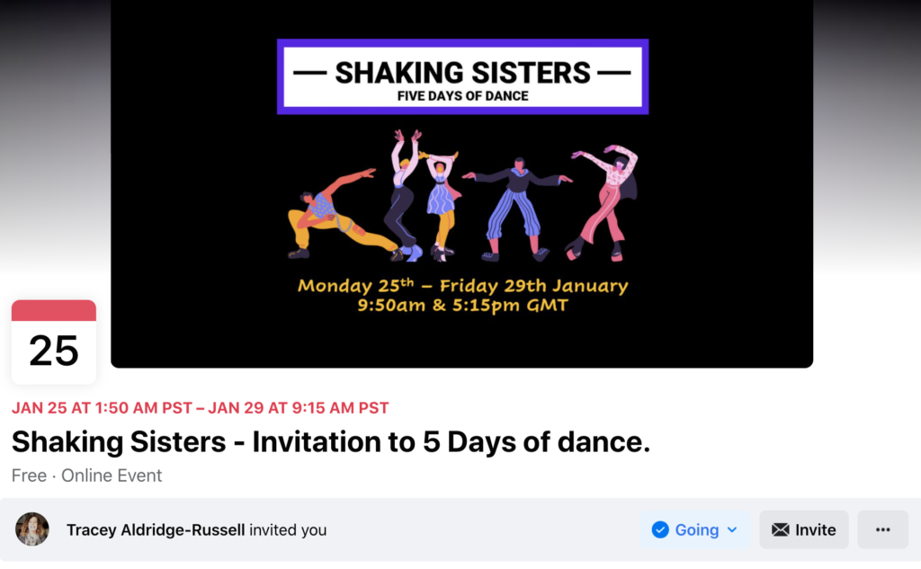 image of event on facebook that reads "shaking sisters five days of dance" picture of cartoon figures in various dance positions